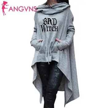 

Women Casual Hooded Neck Long Sleeve Pullover Letter Print Asymmetry Hem Pocket Long Spring Hoodies Loose