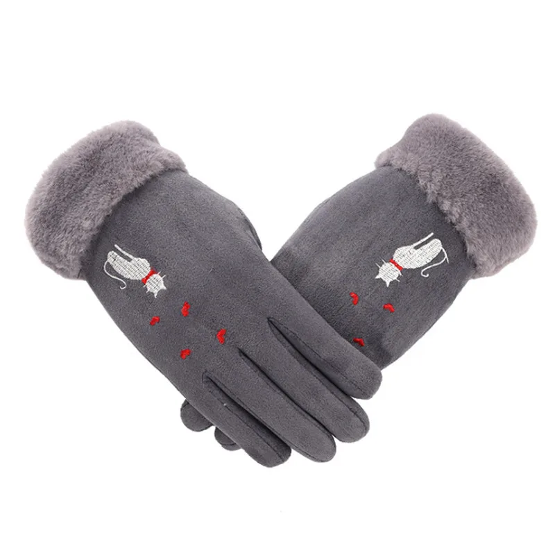Новые зимние женские перчатки одноцветные теплые перчатки с сенсорным экраном вышитый милый кот ветрозащитные перчатки для улицы - Цвет: Gray