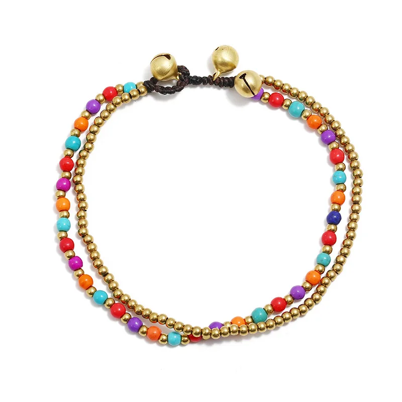 Ethnic Style Turquoise Copper Bead Bells Women's Anklets Beach European and American Bohemian Style Simple Feet Beads Anklet