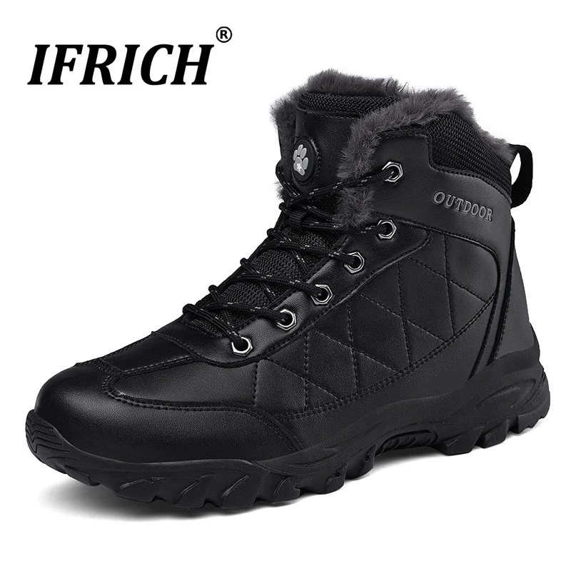 

Ifrich Mens Winter Sneakers Black Mens Fur Boots Winter Warm Men Snow Boots Brands Trekking Boots For Men Non-Slip Working Shoes