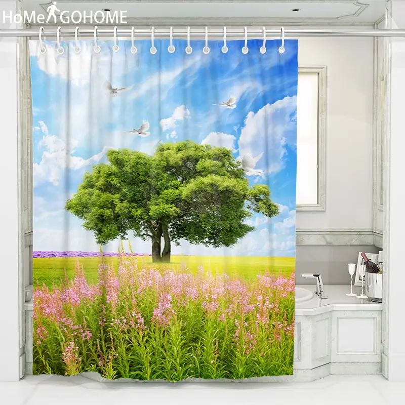 

Waterproof Polyester Shower Curtain 3D Beautiful Big Tree Flower Spring Landscape Curtain Bathroom Shower Curtain With Hooks