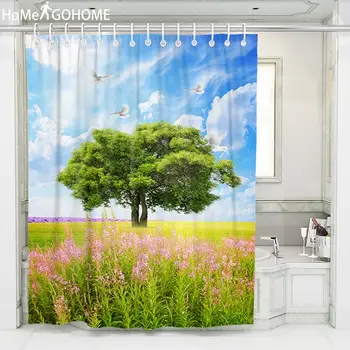 

Waterproof Polyester Shower Curtain 3D Beautiful Big Tree Flower Spring Landscape Curtain Bathroom Shower Curtain With Hooks