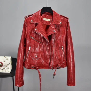 

Autumn Women Faux Soft Leather Serpentine Jacket Short Coats Turndown Collar Zipper Black Red Punk Leather Outerwear FY191