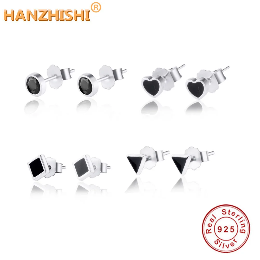 

925 Sterling Silver Heart Triangle Square Round Stud Earrings For Women Girl S925 Silver Earrings DIY berloque Jewelry Gift 2019