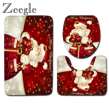 

Zeegle Printed Christmas Bath Mat Set Toilet Decoration Mat Anti-slip Bathroom Rug Water Absorption Floor Rug Lid Toilet Cover