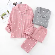 Couple Sleepwear Spring/autumn New Pure Cotton Crepe Long-sleeved Pants Men/women Pajamas Set Loose Comfy Soft Female Home Suit
