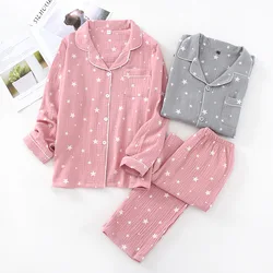 Couple Sleepwear Spring/autumn New  Pure Cotton Crepe Long-sleeved Pants Men/women Pajamas Set Loose Comfy Soft Female Home Suit