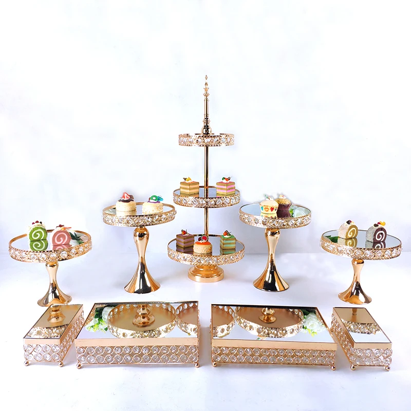 

5-11pcs gold plating Cake Stand Set Crystal Metal mirror Cupcake stand decorations Dessert Pedestal Party Display cake tray