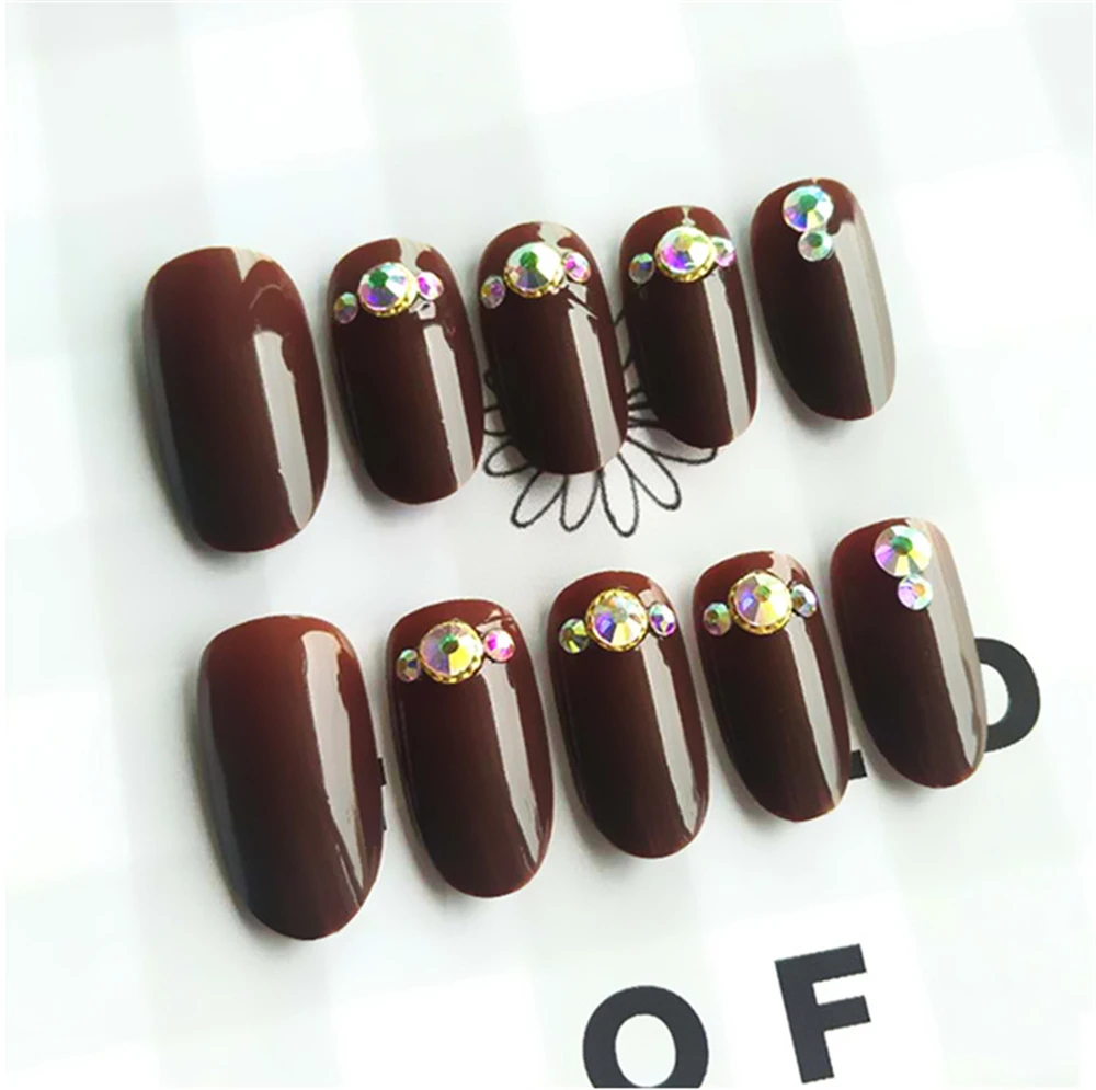 Nusx 24pcs set False Nail Acrylic Red Inlaid Diamonds Fashion Short Round Head Full Cover Fake 5