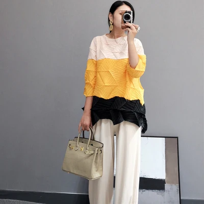 

HOT SELLING fIrregular diamond fold patchwork three quarter fashion stand neck Confetti T-shirts IN STOCK