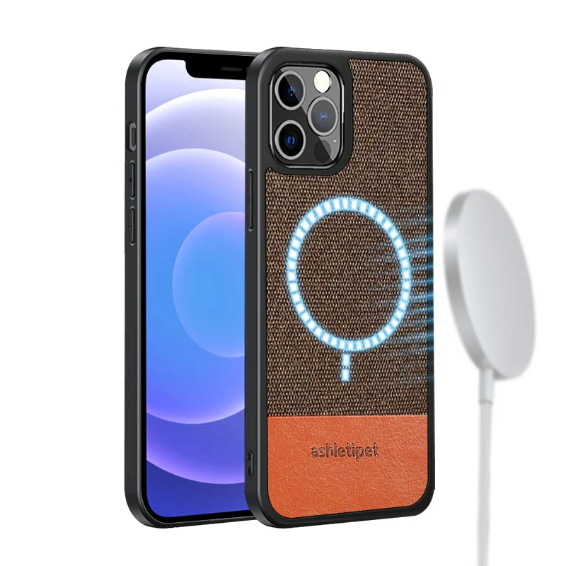 Canvas + Leather Magsafe Cell Phone Case For Apple iPhone 12 Pro Max 12 Mini 12Pro Max Cover Magnetic Wireless Charging Shell