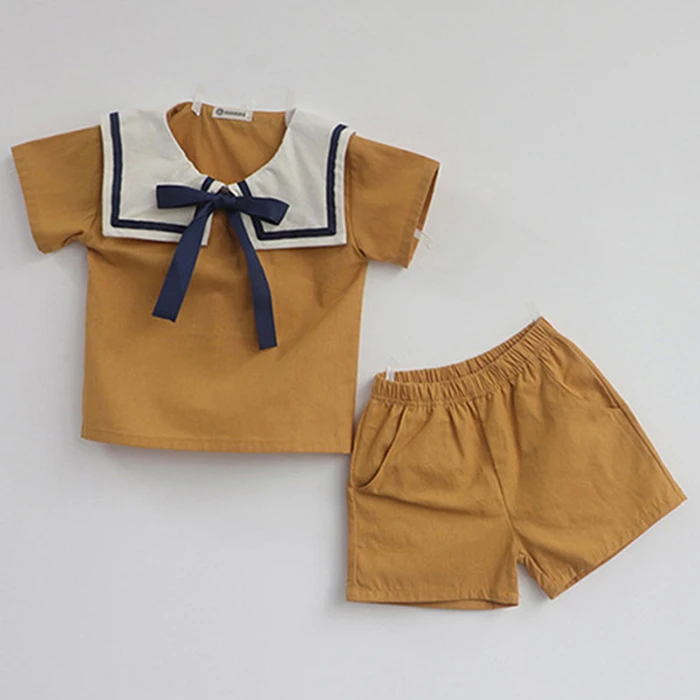 sun baby clothing set Summer Korean Style Baby Boys Girls Sailor Collar Cotton Linen Clothes Sets T-shirt+Shorts Baby Boys Girls Clothing Suit Baby Clothing Set best of sale