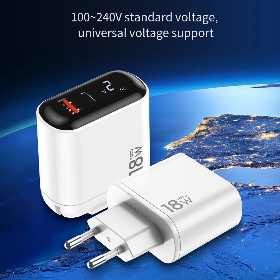 TOTU QC3.0 светодиодный дисплей с европейской вилкой, двойной USB, быстрое зарядное устройство для iPhone, зарядное устройство для samsung, Xiaomi, настенное зарядное устройство, адаптер