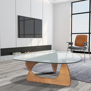 

Modern Coffee Table for Living Room Home Furniture Triangle Side Table Tempered Glass Top Solid Wood Base
