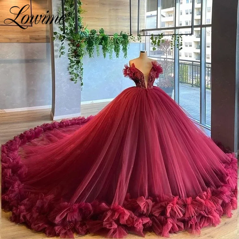 Wine Red Puffy Prom Dresses Tulle 