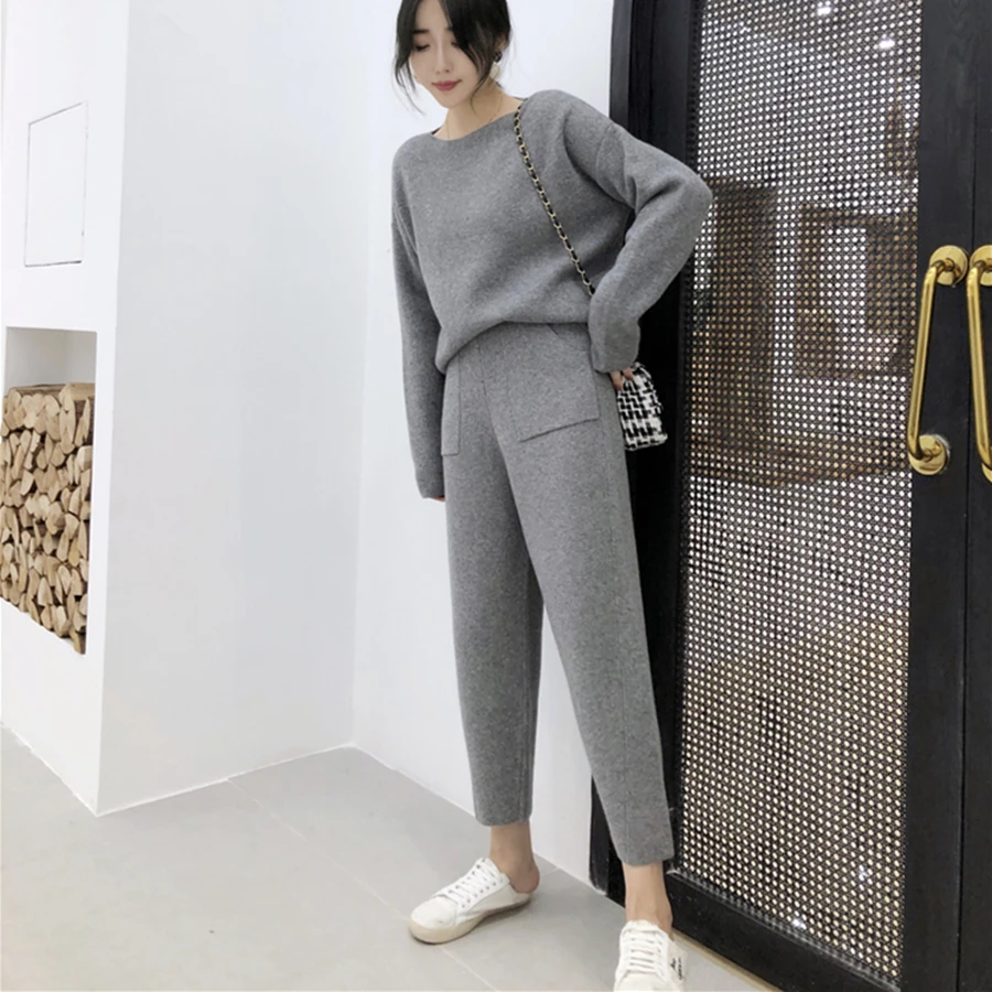 Autumn Winter Knitted Set Women Thick Warm O-Neck Loose Knit Suit Slim Pocket Harem Pants Oversized Casual Elegant Black Clothes