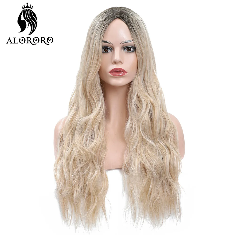 

Alororo Long Women's Synthetic Wig Mix Color Middle Part Long Wavy Wigs Heat Resistant Blonde Purple Red Cosplay Wig