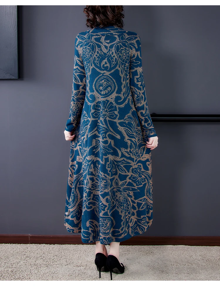 Blue Print 3XL Plus Size Turtleneck Wool Sweater Dress 2020 Autumn Winter Vintage Casual Knitted Sweaters Elegant Women Vestido