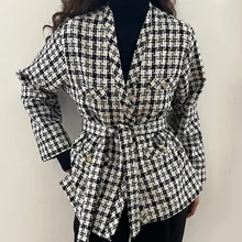 Manteau court coréen Chic en mousseline de soie, col en v, simple boutonnage, à lacets, taille Slim, Multi poches, Tweed, pour femmes 