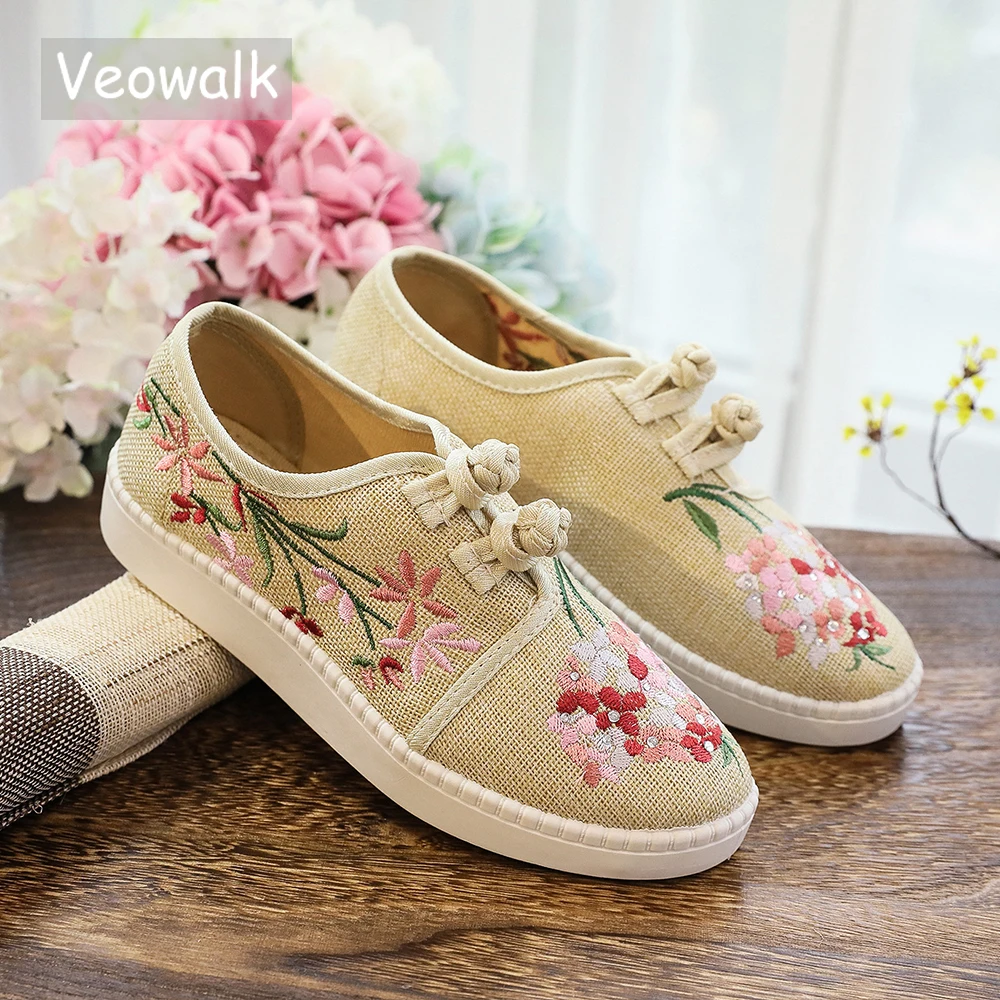 Veowalk Vrouwen Leisure Katoen Geborduurde Platte Sneakers Comfortabele  Zachte Ademend Loafers Schoenen Grote Maat 42 43 Beige Kaki|Platte  damesschoenen| - AliExpress