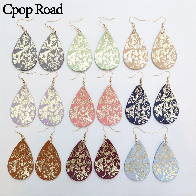 

Cpop New Gold Flower Print Genuine Leather Earrings for Women Christmas Water Drop Earring Fashion Jewelry Accessories Gift 2019