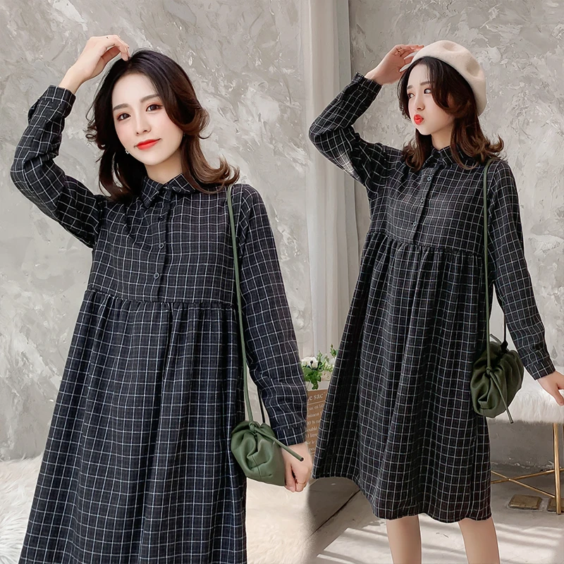 

8238# Autumn Black Plaid Cotton Maternity Dress Large Size Loose Casual Clothes for Pregnant Women Fall Thick Pregnancy Clothing