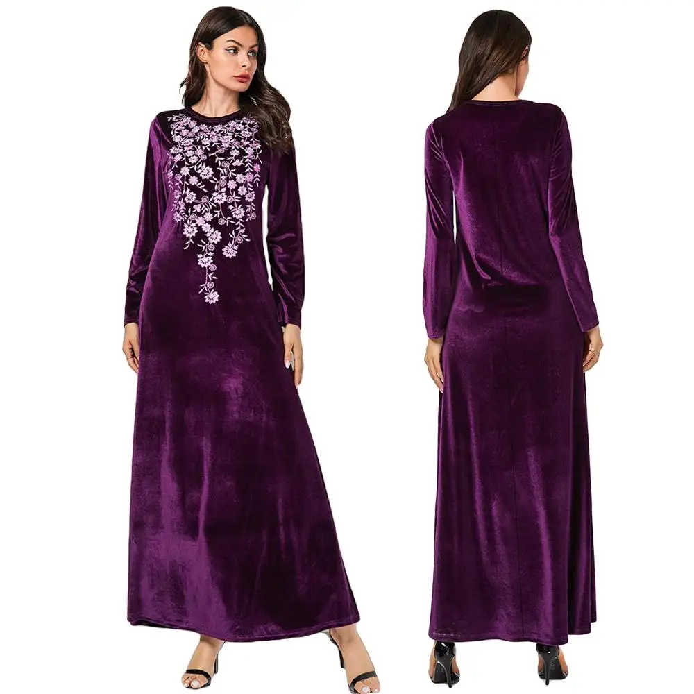 

Muslim Women Velvet Long Sleeve Dress Abaya Dubai Embroidery Party Jilbab Kaftan Arab Islamic Clothing O-neck 2019 Fashion New