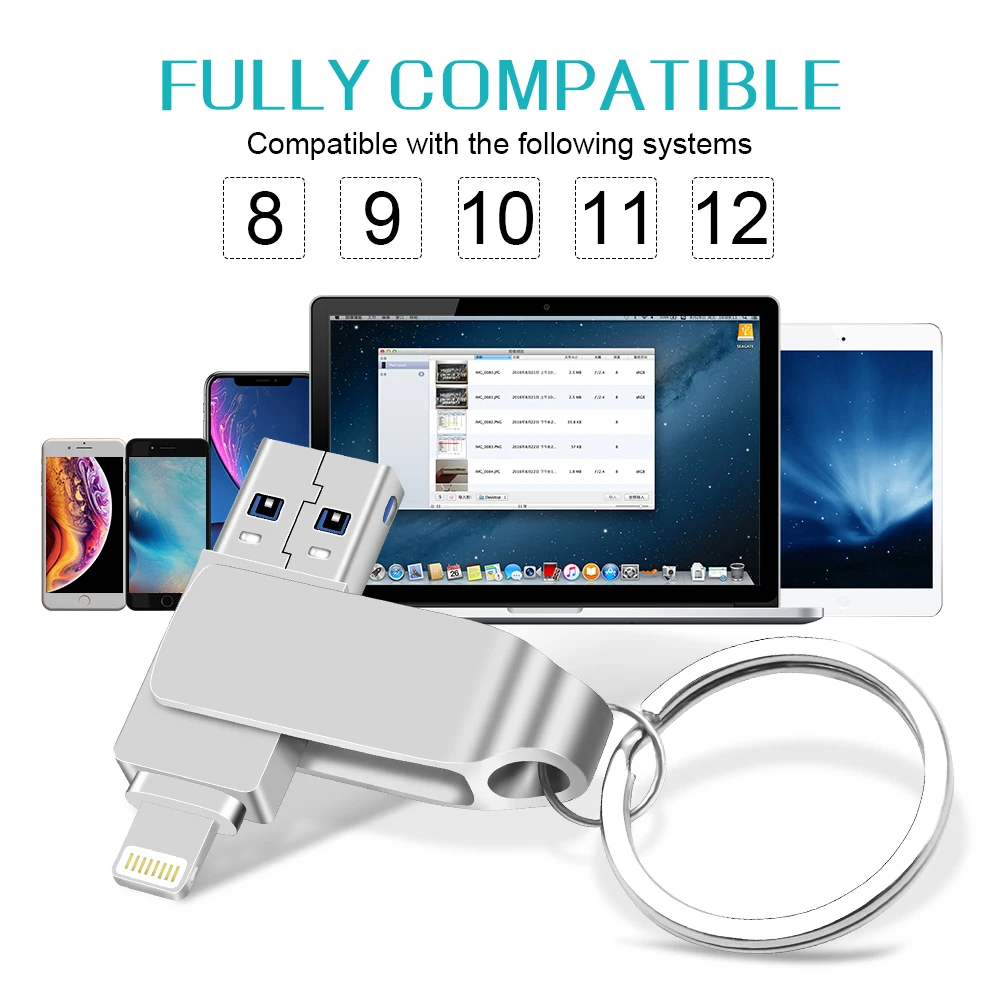 USB Flash Drive For iPhone X/8/7/7 Plus/6/6s/5/SE/ipad 2 IN 1 Pen Drive Memory Stick 16GB 32GB 64GB 128GB metal Pendrive usb 2.0 flash stick