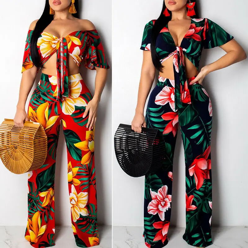Summer Fashion Women Floral Two Piece V-Neck Jumpsuit Printed Crop Top +Wide Leg Trousers New Sexy Hot | Женская одежда