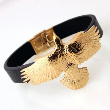 

New Genuine Leather Jewelry Gold Tone Stainless Steel Iranian Eagle Charm Bracelet For Men Punk Jewelry Dropship 11mm 8.66"