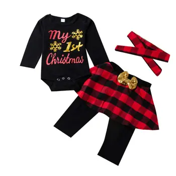 

CANIS Newborn Infant Baby Girls My 1st Christmas Clothes Long Sleeve Rompers and Plaid Bowknot Patchwork Pants Outfit