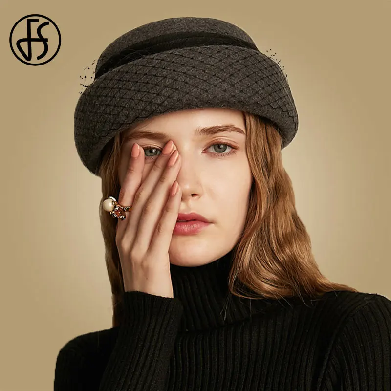 

FS Vintage Black Red Beret Wool Fedoras Fall Winter Pork Pie Hat For Womens With Veils Cloche Bowler Cap Lady Stewardess Hats