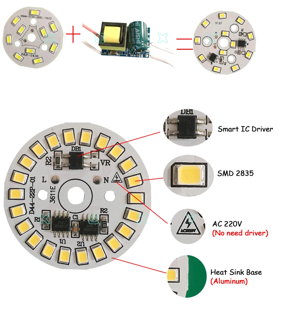 5 шт./лот светодиодный SMD чип светодиодный Лампа 15 Вт 12 Вт 9 Вт 7 Вт 5 Вт 3W AC220V Вход умная ИС(интеграционная схема для лампы светильник вниз светильник Холодный белый/теплый белый/белый