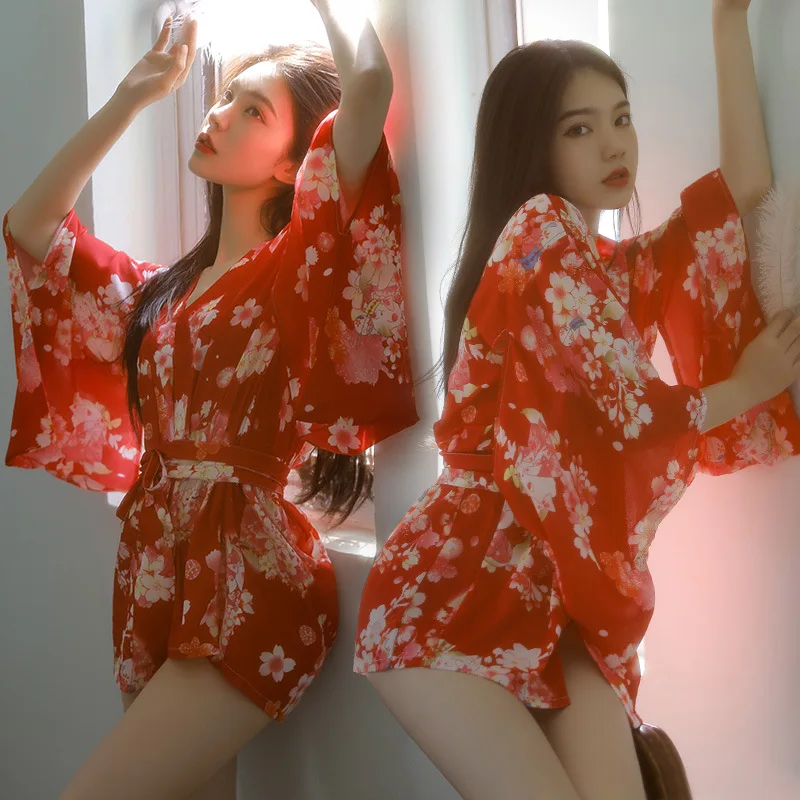 

Sexy Lingerie Pajamas Nightgown Japanese Sakura Cat Print Kimono Yukata Costumes Kawaii Pink Uniform Cosplay Outfit For Women