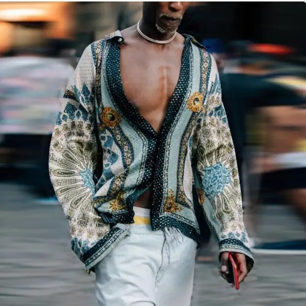 Лето-осень мужские рубашки мужские этнические с v-образным вырезом и принтом из хлопка и льна в полоску короткий рукав свободная Гавайская футболка на пуговицах в богемном стиле рубашка