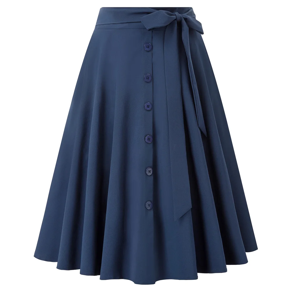 Navy Blue Belle Poque плиссированные юбки с пуговицами, Юбки миди с бабочками, женская черная юбка с высокой талией, Элегантная Юбка saia,, размер XL - Цвет: Navy Blue