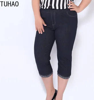 

TUHAO 2020 Summer Office Lady OL Mother Large Size 6XL 5XL 4XL Women's Plus Size Elastic Waist Jeans Capris Pants Mom WM40