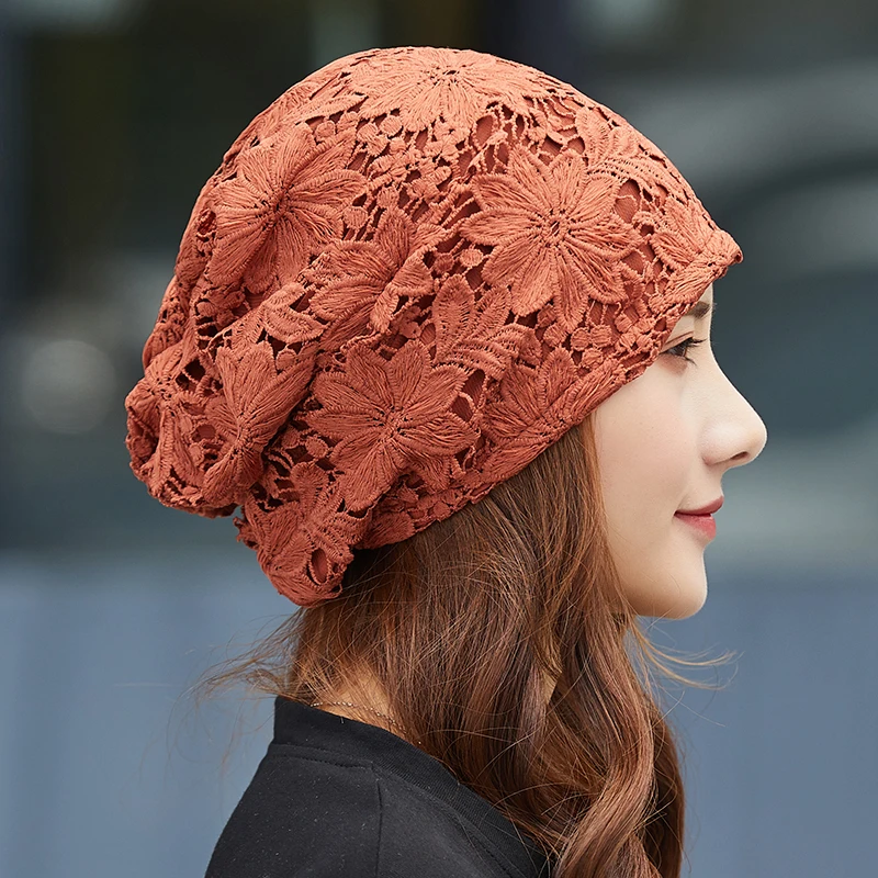 Women hats spring summer thin bonnets for women designer lace flower skullies headscarf hat autumn latest turban beanies fashion - 3