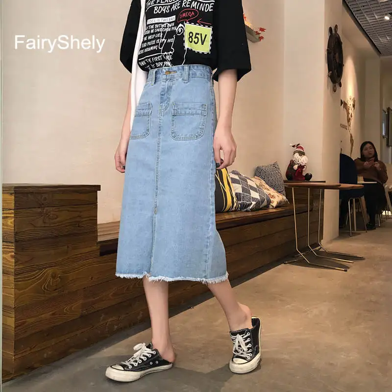 FairyShely, весна, осень, зима, джинсовые длинные юбки для женщин, синие, с карманами, высокая талия, тонкие, прямые, с разрезом, джинсовая юбка для женщин