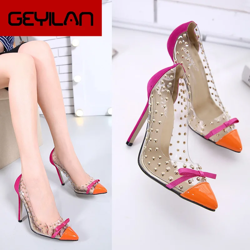 

European and American style simple elegant color matching single shoes pointed stiletto high heels large size womens shoes