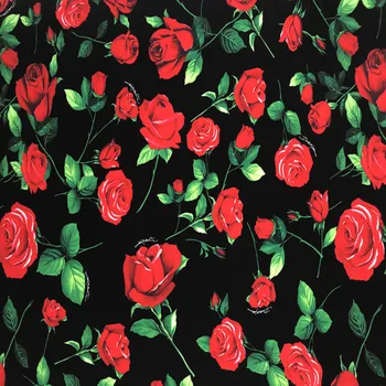 

Red Rose Print Black Thick Four Way Stretch Polyester Fabric for Woman Spring Dresses Skirts Blouse Pants DIY-BF148