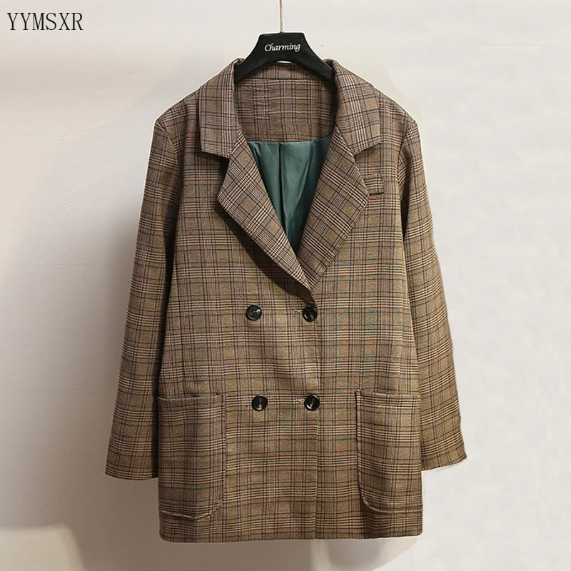 Women's suit high-quality checked mid-length jacket feminine 2020 Korean retro plus size ladies blazer Casual coat XL-5XL