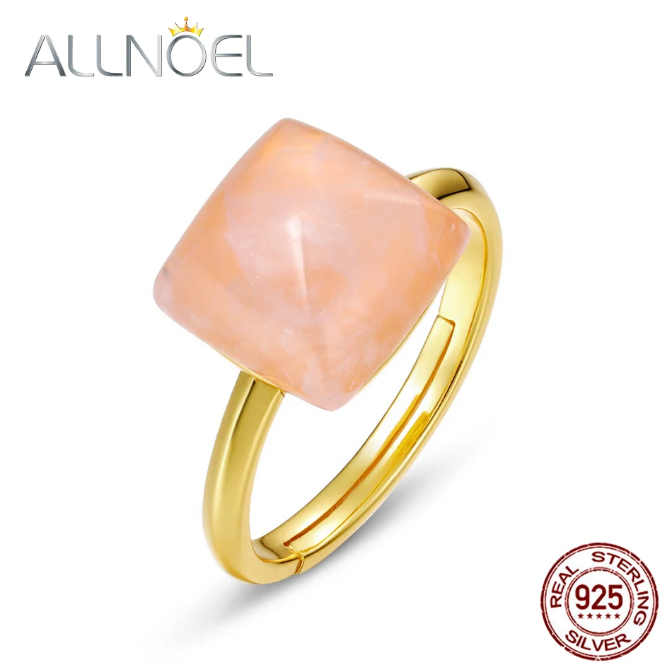 ALLNOEL Solid 925 Sterling Sliver Women's Ring Natural Flower Rose Quartz Real Gold Plated Adjustable Anniversary Fine Jewelry |