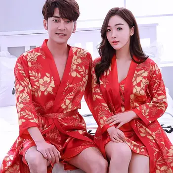 

1PS Charming Lovers Robe Dressing Gown Women Men Kimono Bathrobe Wedding Party Bride&bridegroom Nightgown