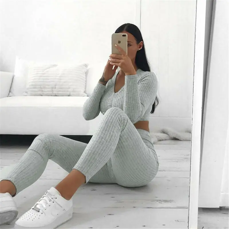 

Womens Two Piece Set Tracksuit Jumpsuit Romper Long Sleeve Slim Pants Playsuit Clubwear Trousers 2 piece set women Outfit