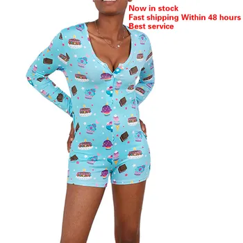 

Women's Sexy Deep V-Neck Shorts Jumpsuit One Piece Printed Bodysuit Nightgown Long Sleeve Casual Overall Rompers