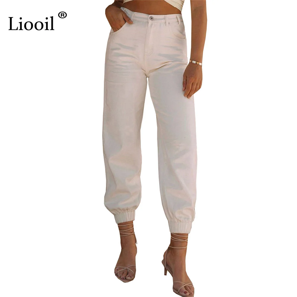 

Liooil 90s Boyfriend Elastic Waist Jeans Pants Women High Waist Black Slacks With Pockets Streetwear Stretch Jean Denim Trousers