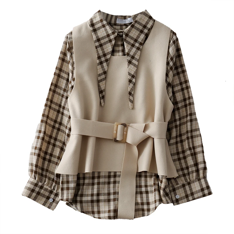 Elegant Autumn Blouse Women Vintage Plaid Long Sleeve Shirt+ Woolen Casual With Sashes Vest Two Pieces Set Matching Set
