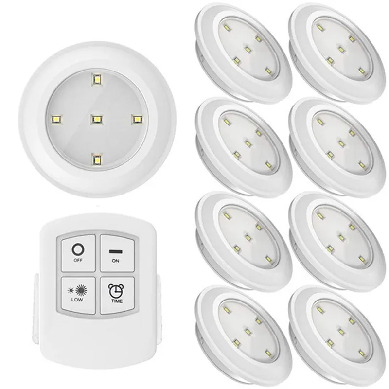 Светодиодный светильник для шкафа с питанием от батареи, 5 светодиодов, круглые ночные лампы, беспроводной сенсорный датчик или пульт дистанционного управления для шкафа, шкафа, лестницы - Цвет: 9 lamp 1 remote