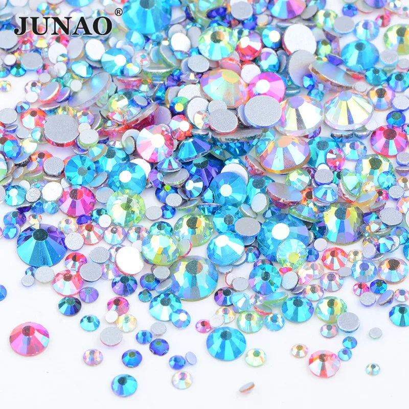 

JUNAO 1400pcs Mix Size Mix AB Color Crystal Rhinestones Decorations Flatback Strass Glitter Glass Nails Stones Gems for Clothing